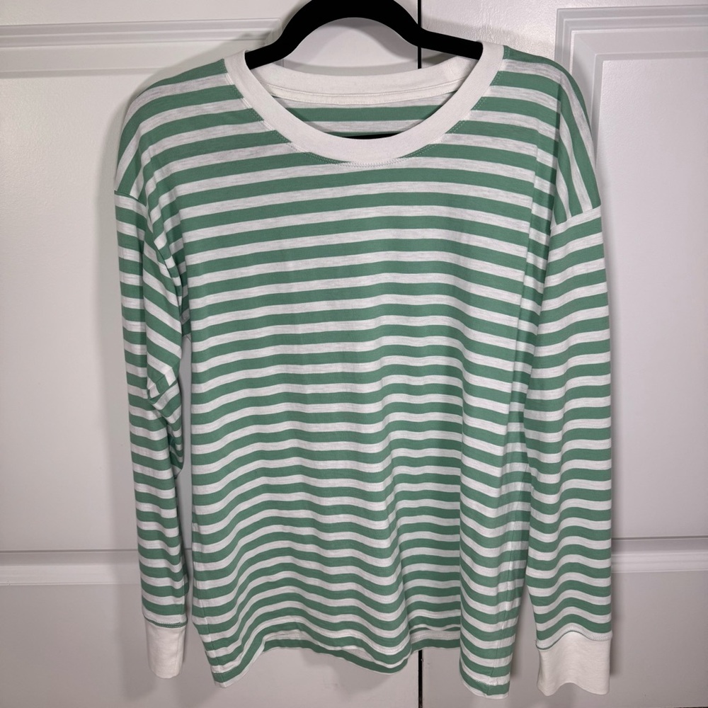 J. Crew Green and White Striped Long Sleeve Shirt